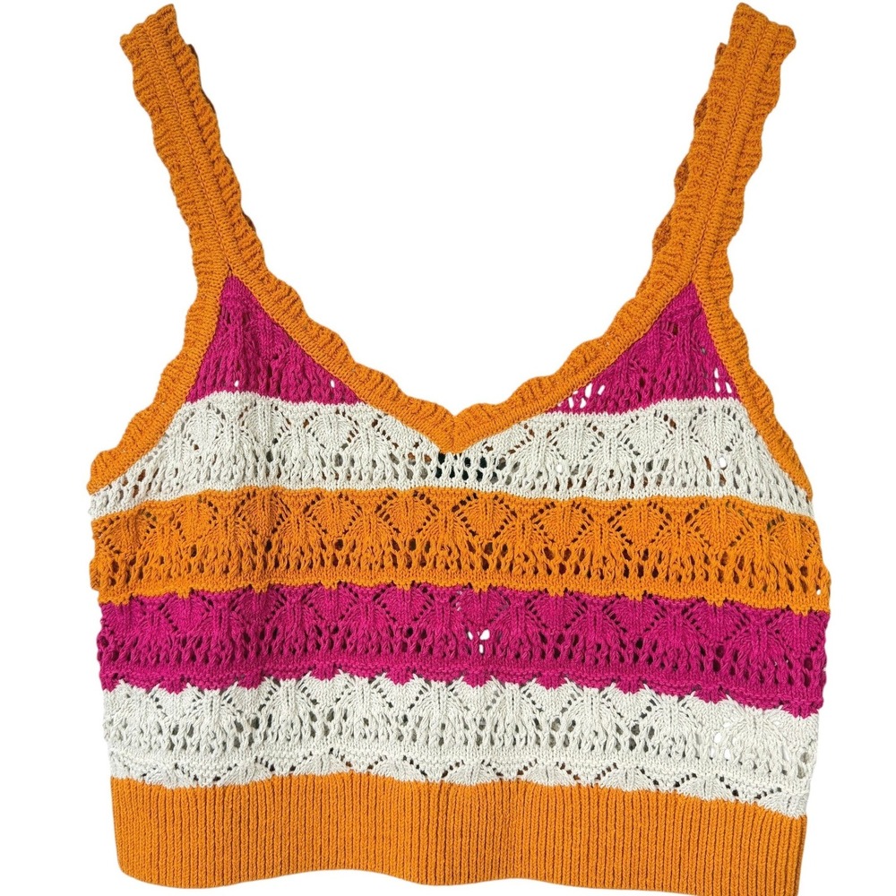 Express Crochet Knit Tank Top L Orange‎ Pink Striped Boho Festival Crop Retro